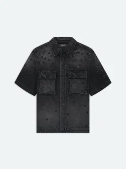 FLORAL CRYSTAL DENIM SHORT SLEEVE SHIRT